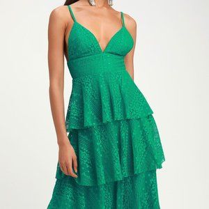 Green Lace Ruffled Midi Dress